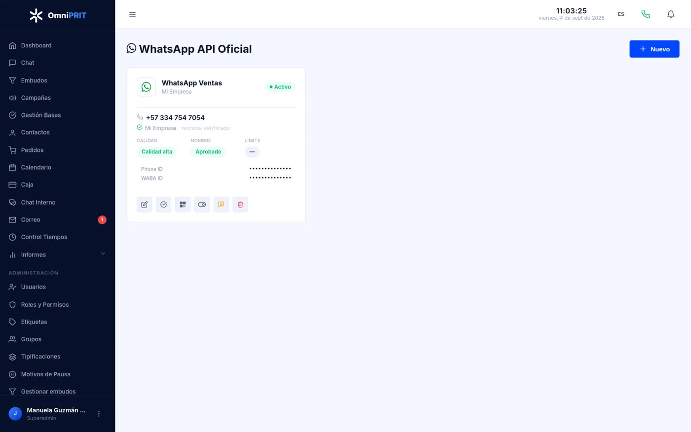 Alta de cuentas de WhatsApp API: cada número con su estado, calidad y verificación.