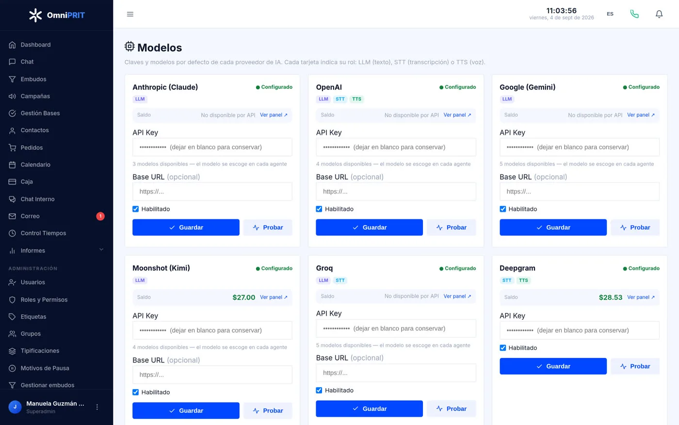 Proveedores de inteligencia artificial: clave, rol (texto, transcripción o voz) y saldo disponible.