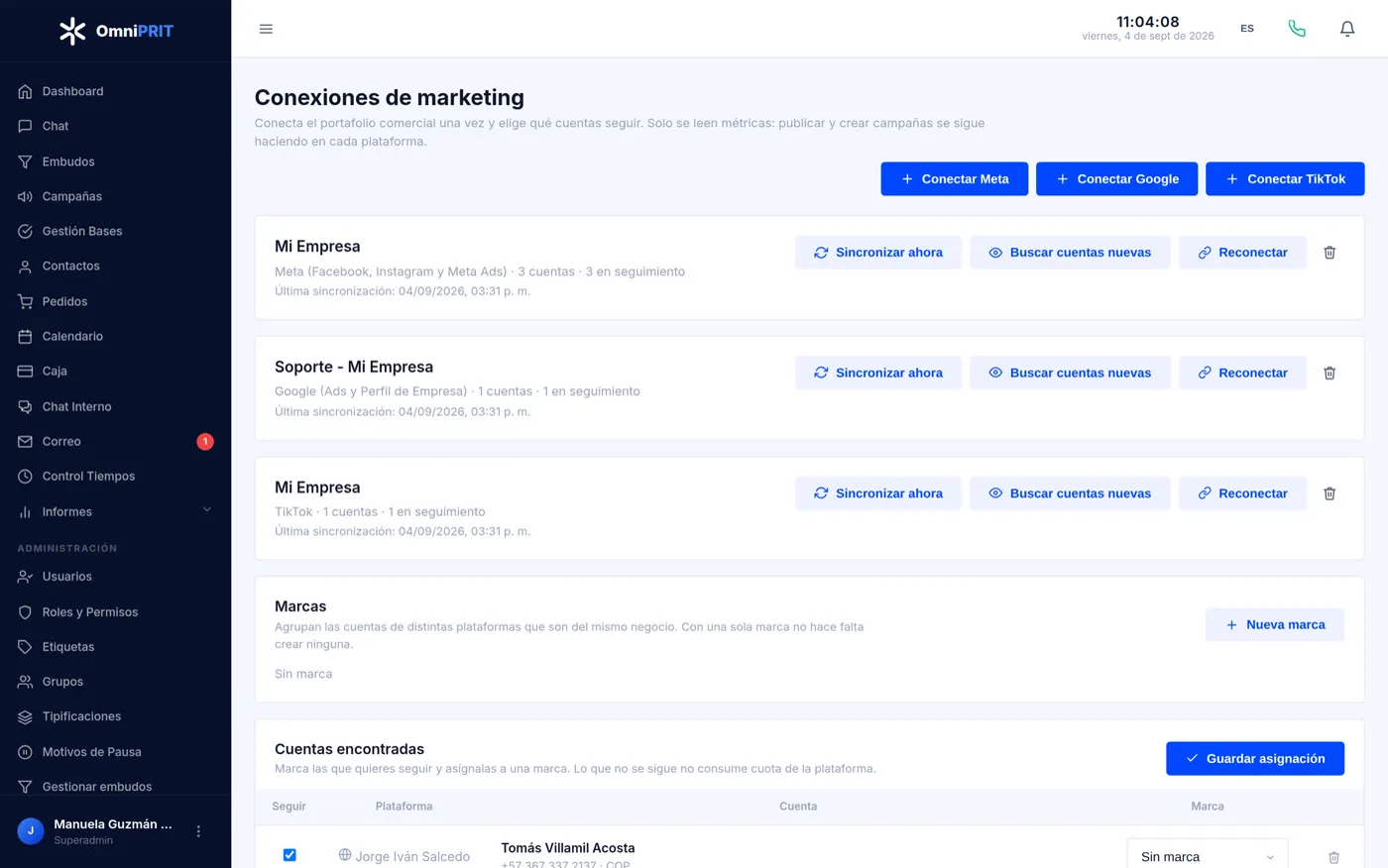 Conexiones de marketing: se autoriza el portafolio una vez y entran todas las cuentas.