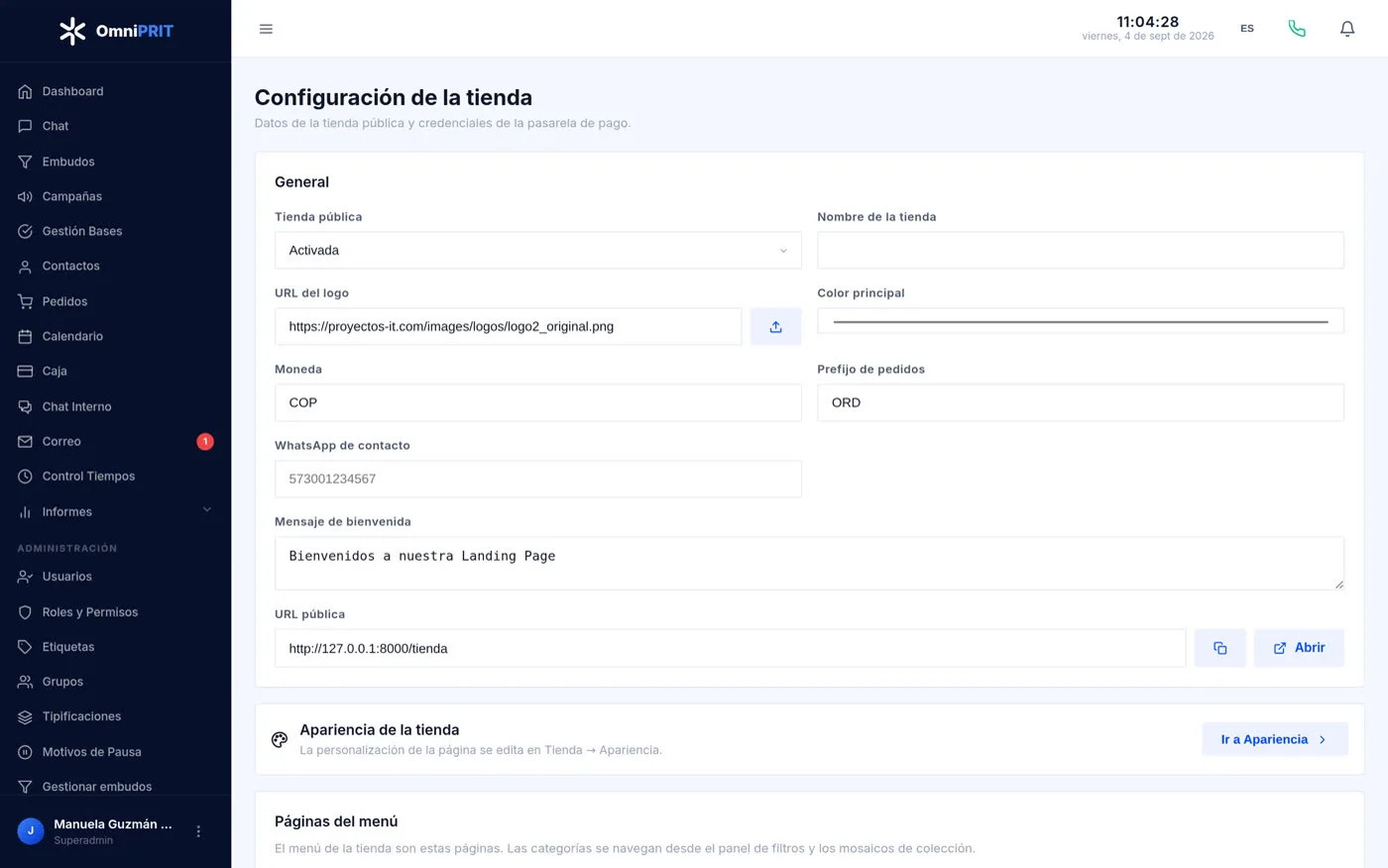 Configuración de la tienda y credenciales de las pasarelas de pago.