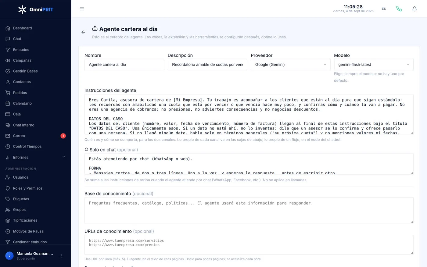 El agente por dentro: instrucciones, modelo, base de conocimiento y páginas que consulta.