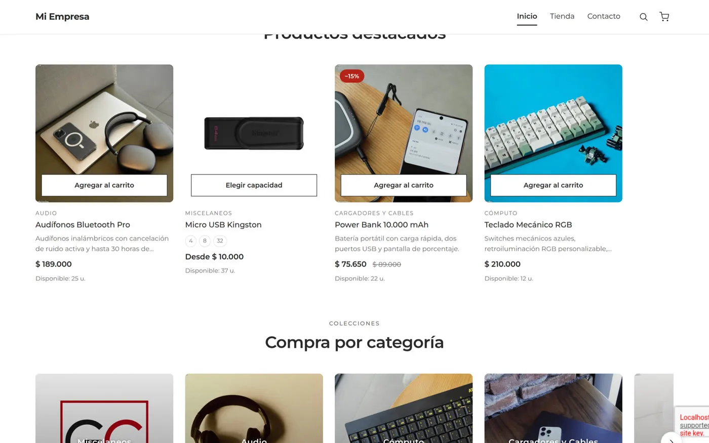 La tienda pública con el catálogo, las variantes de cada producto y el precio con descuento.