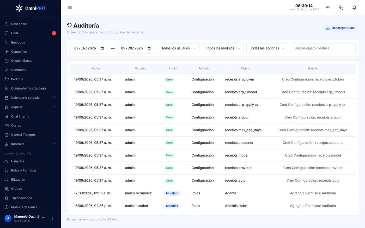 Cada cambio de configuración con su autor y su detalle, escrito en palabras y no como un volcado técnico.