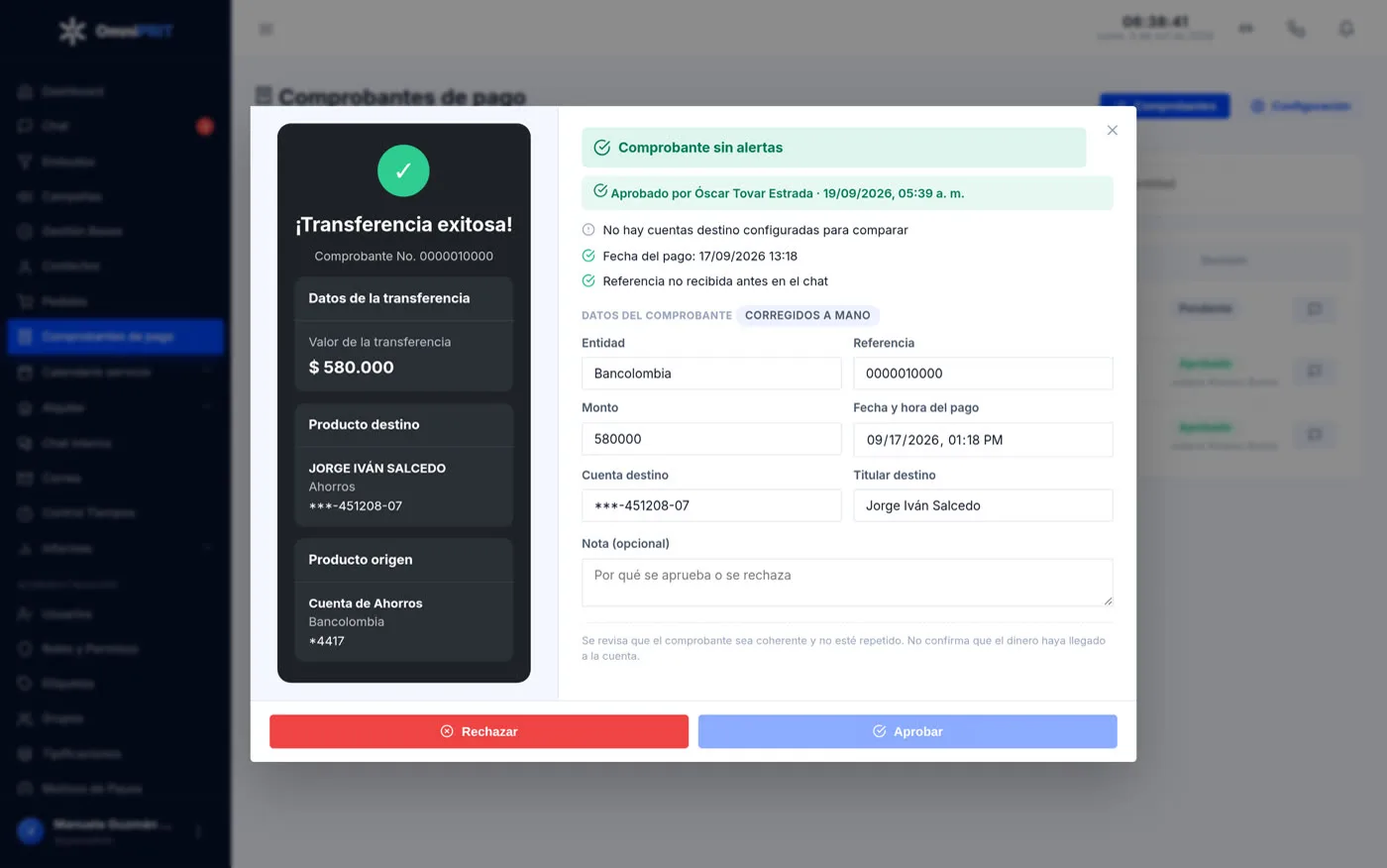 El comprobante recibido por chat, lo que la inteligencia artificial leyó de él y cada comprobación con su resultado.